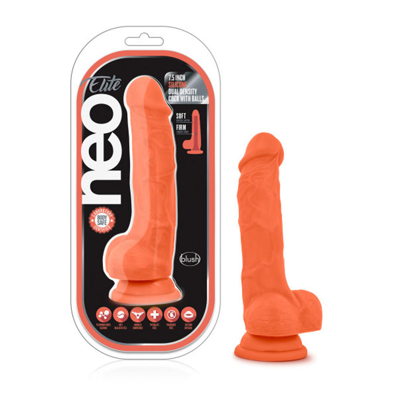 Neo Elite - 7.5 Inch Silicone Dual Density Cock With Balls - Neon Orange-Dildos & Dongs-OUR LAVENDER