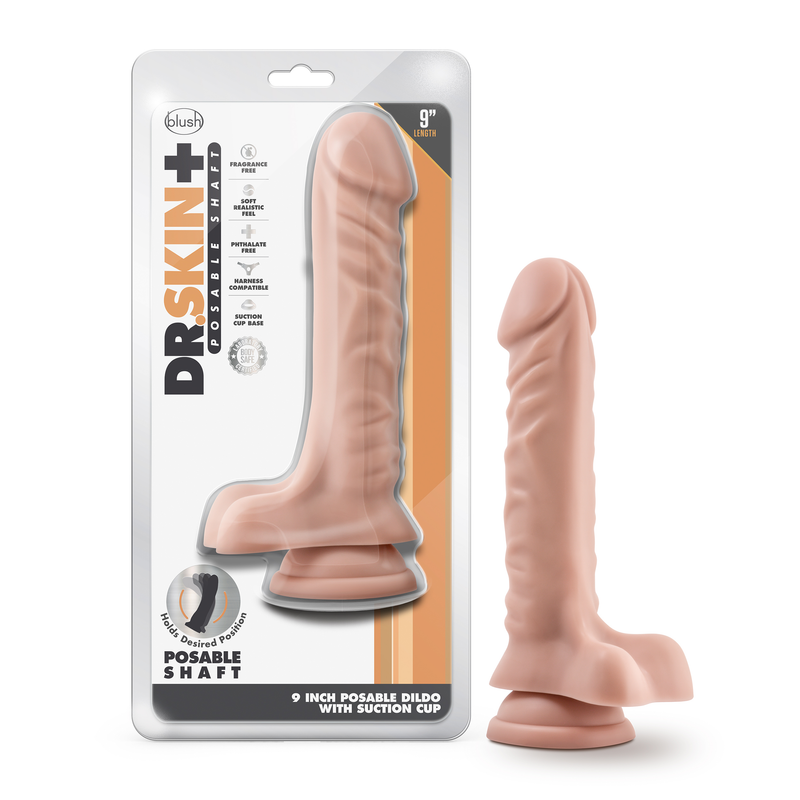 Dr. Skin Plus - 9 Inch Posable Dildo With Balls - Vanilla-Dildos & Dongs-OUR LAVENDER