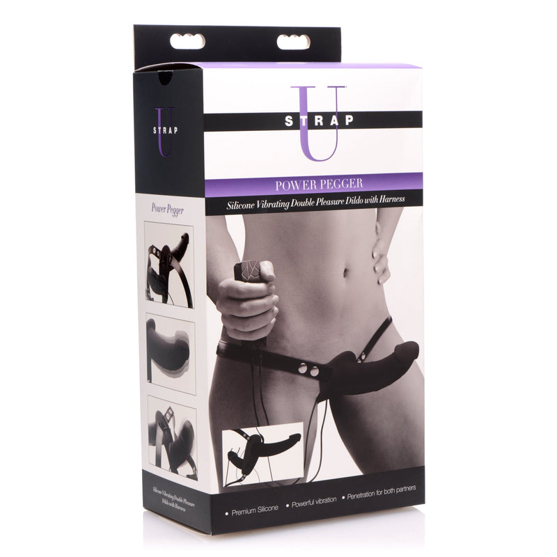 Power Pegger Silicone Vibrating Double Dildo With Harness - Black-Harnesses & Strap-Ons-OUR LAVENDER