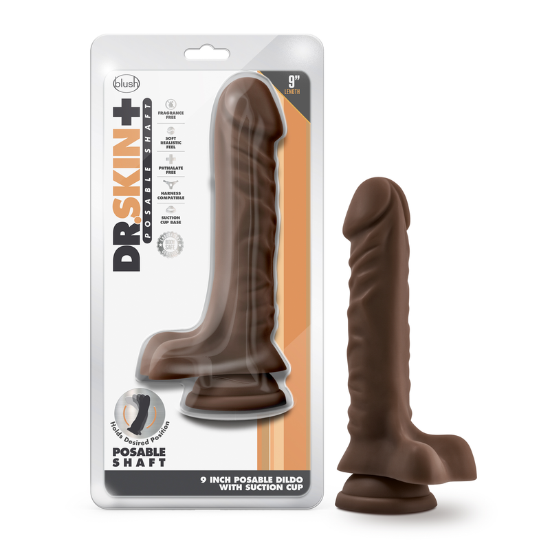 Dr. Skin Plus - 9 Inch Posable Dildo With Balls - Chocolate-Dildos & Dongs-OUR LAVENDER