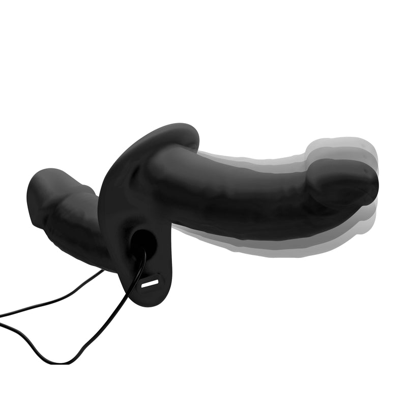 Power Pegger Silicone Vibrating Double Dildo With Harness - Black-Harnesses & Strap-Ons-OUR LAVENDER