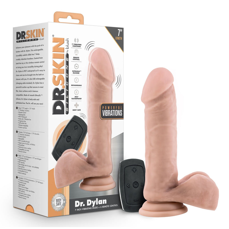 Dr. Skin Silicone - Dr. Dylan - 7 Inch Vibrating Dildo With Remote Control- Vanilla-Dildos & Dongs-OUR LAVENDER