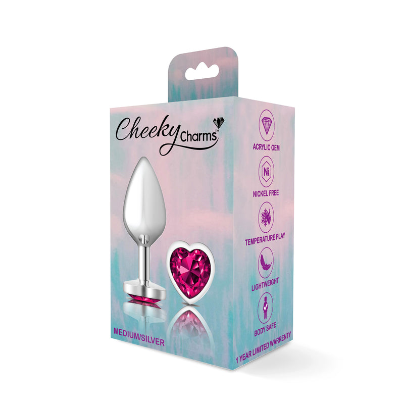 Cheeky Charms-Silver Metal Butt Plug- Heart-Bright Pink-Medium-Anal Toys & Stimulators-OUR LAVENDER