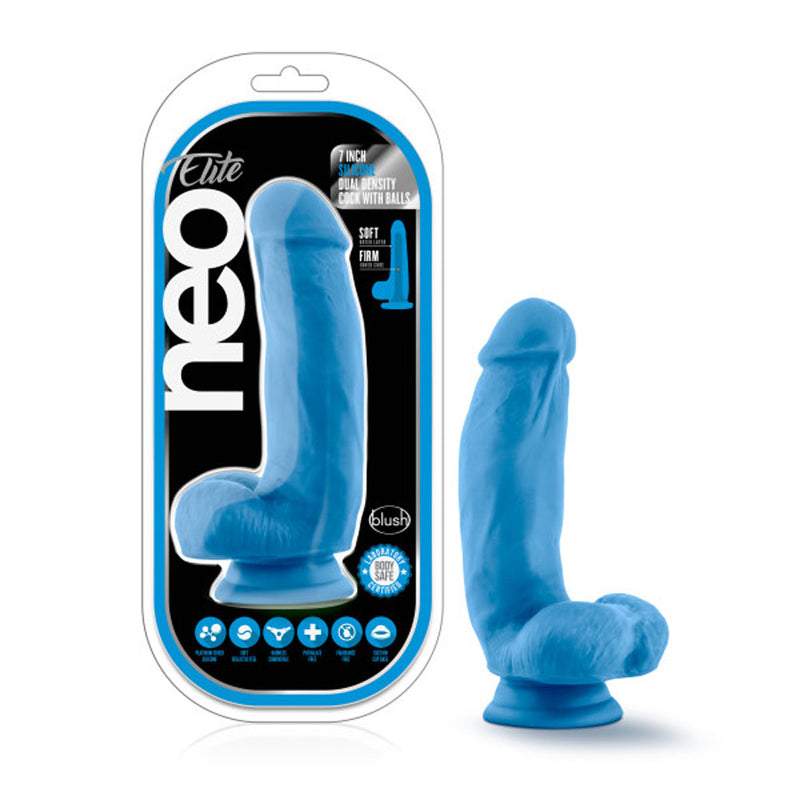 Neo Elite - 7 Inch Silicone Dual Density Cock With Balls - Neon Blue-Dildos & Dongs-OUR LAVENDER