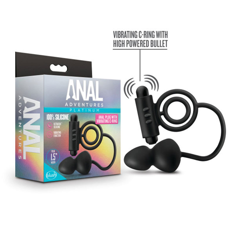 Anal Adventures- Platinum- Silicone Anal Plug With Vibrating C-Ring - Black-Anal Toys & Stimulators-OUR LAVENDER